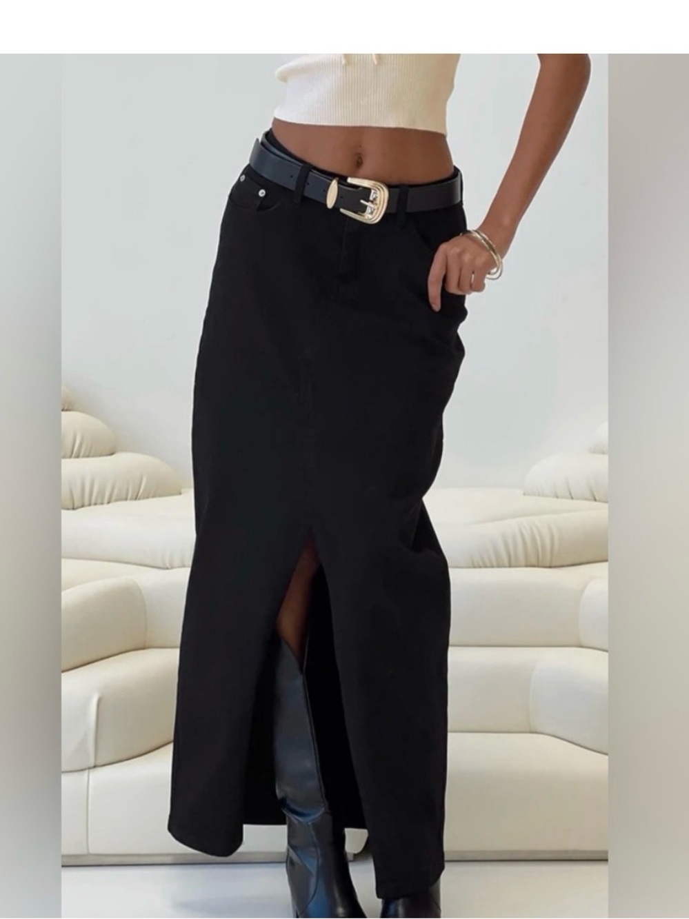 NWT • PRINCESS POLLY • Black Front Slit Denim Maxi Skirt • NEW WITH TAGS - Picture 4 of 10